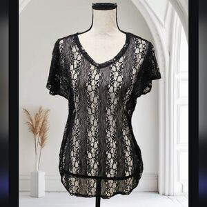 Maurices Black Lace Sheer V Neck Short Sleeve Ruched Sides  Top New